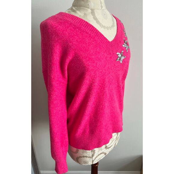 Loft Women’s Hot Pink V-neck Sequin Stars Sweater Small - Picture 2 of 9